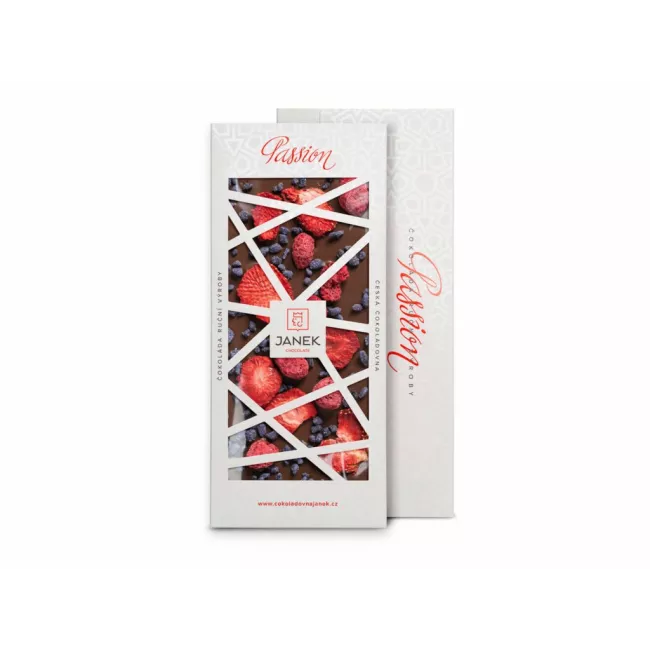 Mléčná čokoláda 41,3% s jahodami, malinami a fialkou